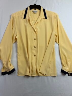 Evan Picone Collection Pale Yellow Button-Down Blouse with Navy Trim